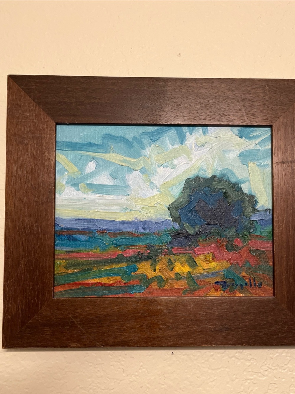 Vibrant Blue and Green Abstract Landscape Painting Signed
